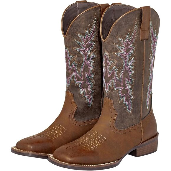 SheSole Shoes - SheSole Western Boots Women Dark Brown Tan Faux Leather Square Toe Wide Mid Calf